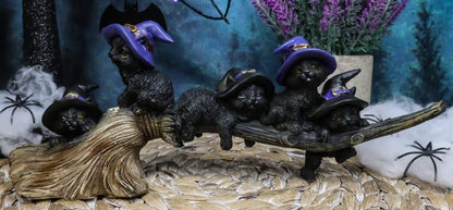 Ebros Gift Lifelike Witching Hour Halloween 5 Black Cats with Witch Hat Riding Long Magical Broomstick Figurine with Glass Eyes Witches Wicca Occult Feline Kittens Decor Figurine