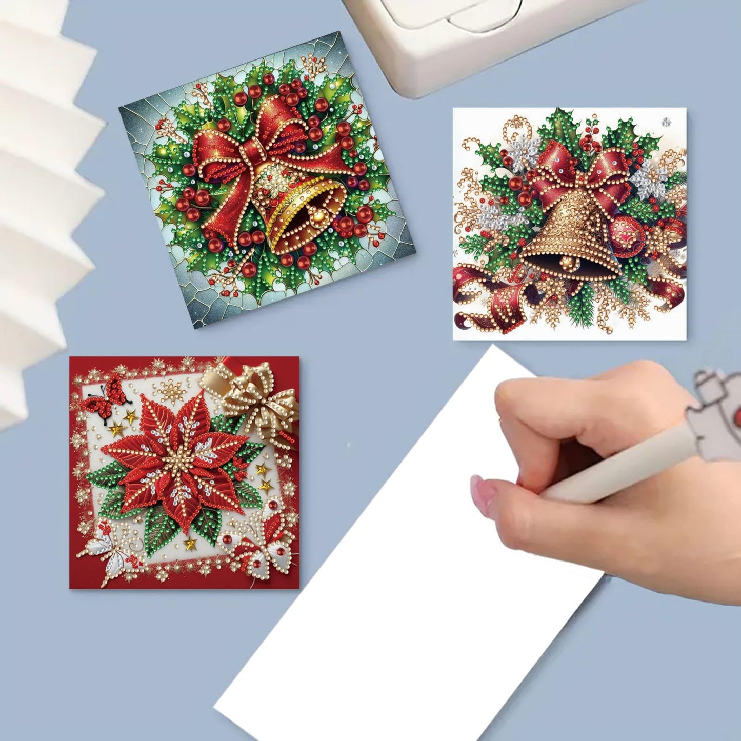 DIY Diamond Art Painting Greeting Cards Set, 5D DIY Diamond Christmas Halloween Blessing Greeting Wish, Birthday Card Making Kits for Family Friends Handmade Gift-Poinsettia-1