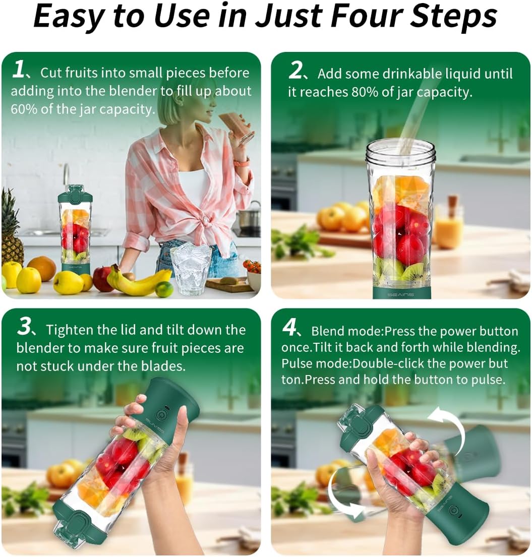 Portable Blender for Shakes and Smoothies - 20 Oz Travel Cup and Lid, Mini Personal Size Blender with 6 Blades