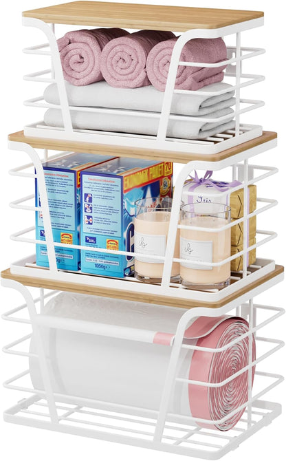 3 Pack TIDIIABODE Trash Bag Holder Dispenser,Kitchen Organization and Storage, Stackable Storage Bins with Lids, White