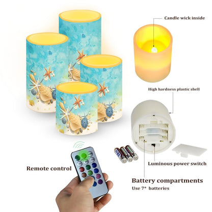 Merkmak Set of 4 Flickering Flameless Candles Battery Operated with Remote and Timers LED Pillar Candles Bulk for Camping, Weddings, Coastal Home Decoration, Starfish Shell