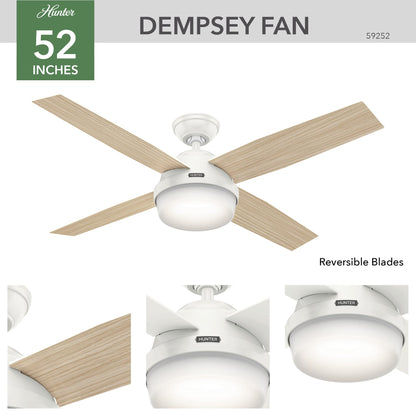 Hunter 52 inch Outdoor or Indoor Ceiling Fan with LED Light and Remote Control - White Ceiling Fan, Standard Mount, 4 Blades, For Patio, Porch, Garage, or Living Room - Dempsey 59252, Fresh White
