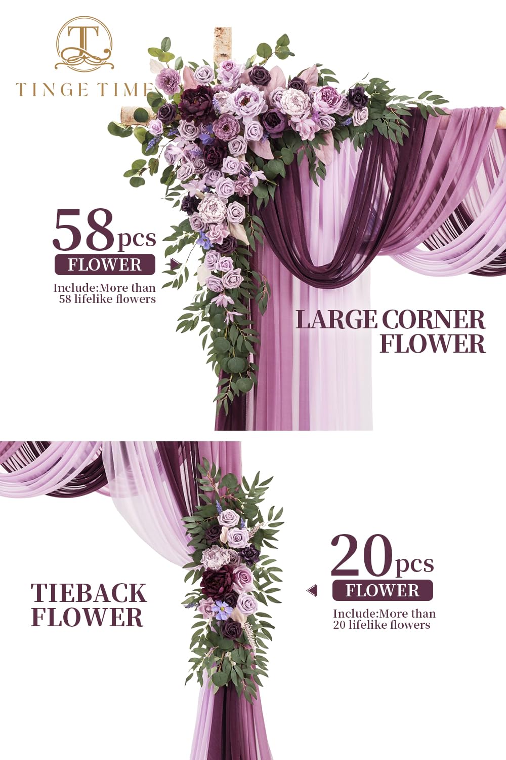TINGE TIME Wedding Arch Flowers Kit - Deluxe 5pcs Artificial Floral Swag with 3 Sheer Drapes, Realistic Silk Flower Arrangements for Wedding Ceremony Arbor Backdrop Reception Party Home Decor
