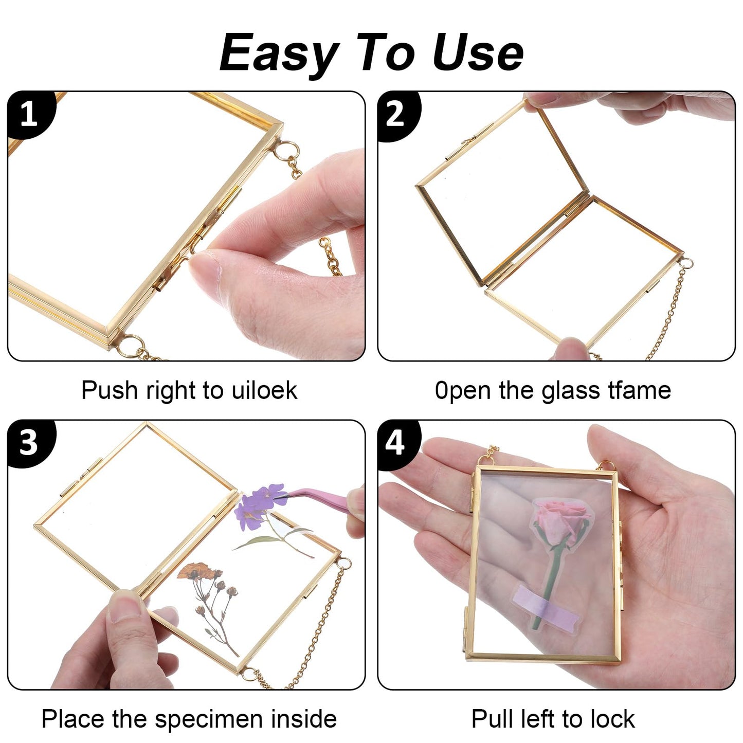 AHQiZFX 6 Pcs Pressed Flower Frames, Double Glass Hanging Picture Frame With Chain, 3 Styles Gold Brass Floating Frame for Dried Flowers, Artwork, Photos, DIY Home Wall Art, Horizontal Vertical