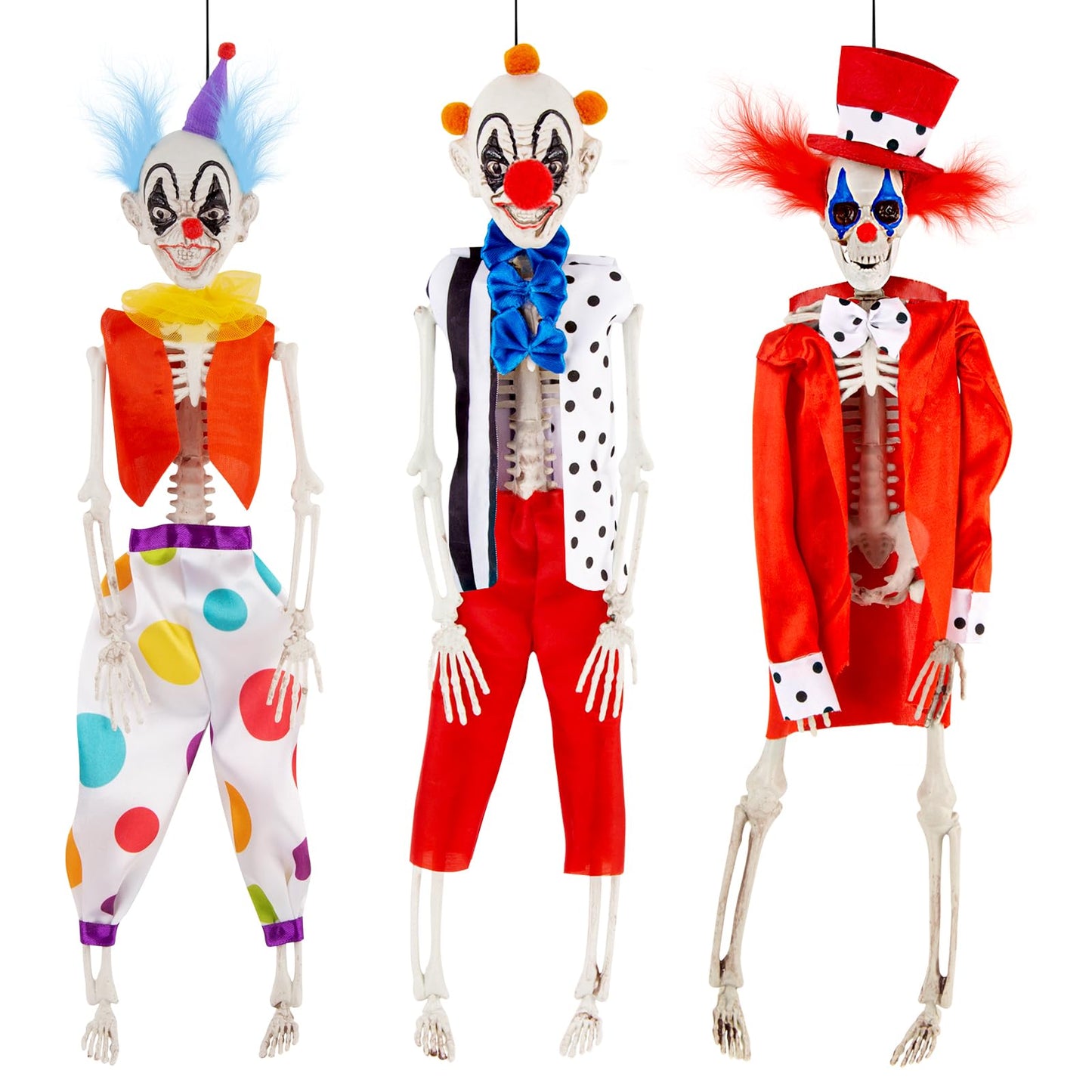 Halloween Skeleton Decorations - 16" Clown Skeleton Decorations, Full Body Mini Skeleton, Halloween Hanging Skeleton for Yard, Garden, Lawn, Patio, and Haunted House Decor - 3 Pack