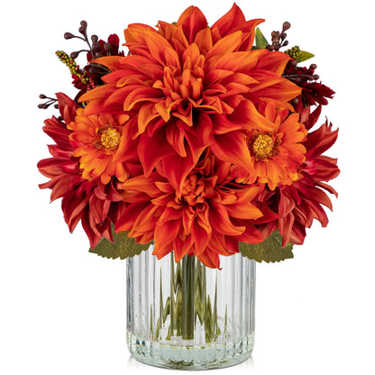Briful Fake Fall Flowers with Vase, Artificial Dahlia & Mum Silk Floral Arrangement with Glass Vase Faux Autumn Flowers Bouquet for Home Office Room Coffee Table Centerpiece Wedding Decoration