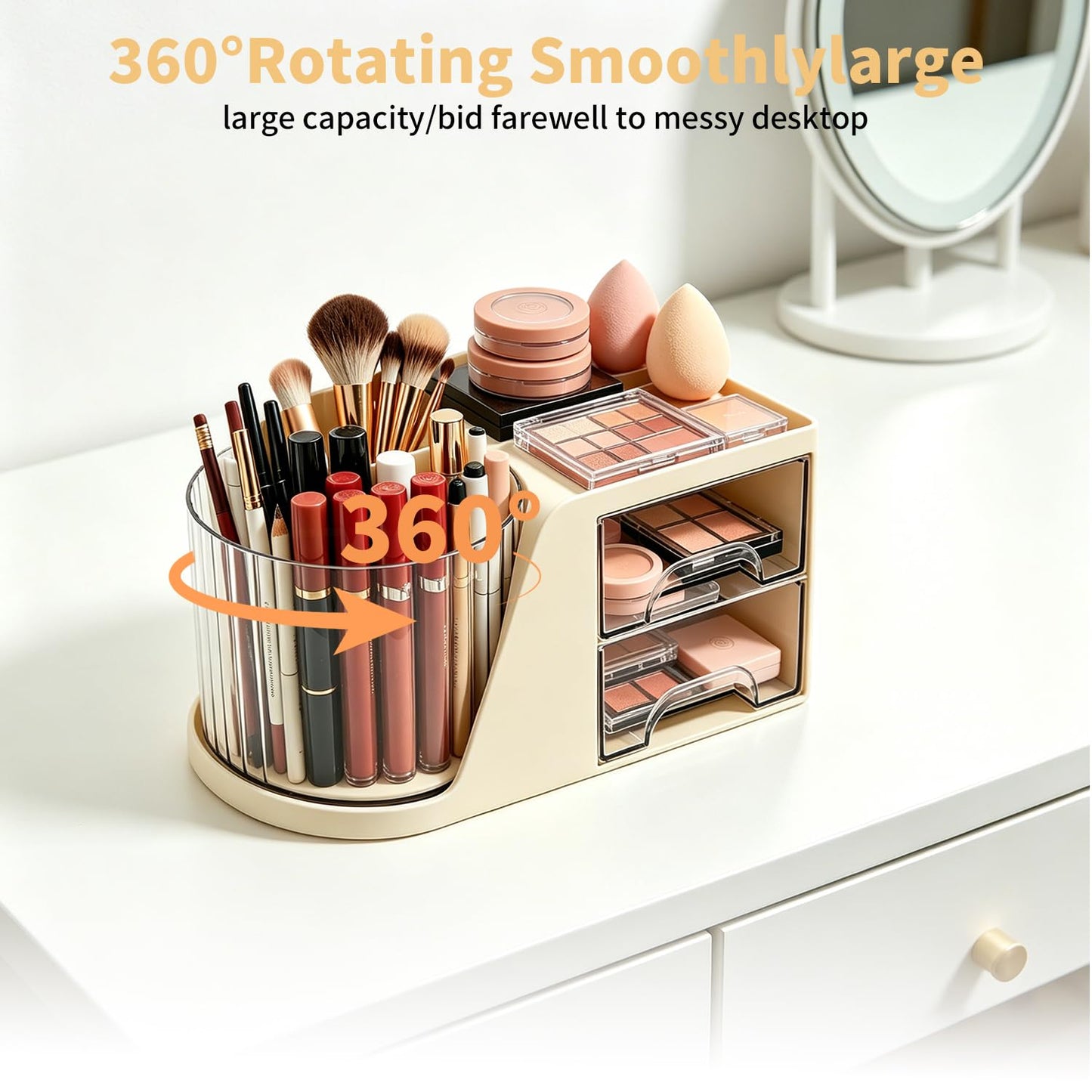 KDYNIX 360 Rotating Makeup Organizer with 2 Drawers, Spinning Cosmetic Brush Holder & Pen Cup, Multi-Purpose Desktop Storage for Bathroom Vanity, Art Supplies, Skincare, Office Desk