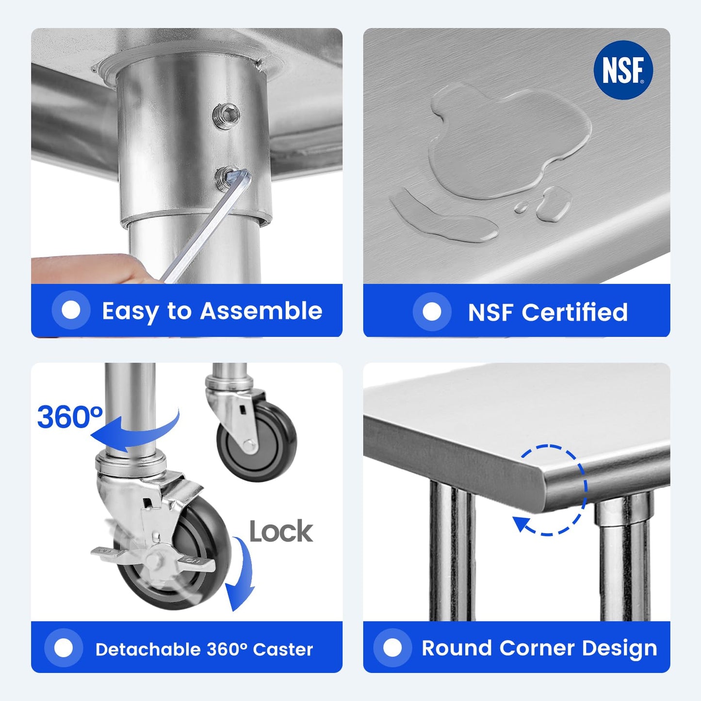 Hally Stainless Steel Table for Prep & Work 30 x 48 Inches with Caster Wheels, NSF Commercial Heavy Duty Table with Undershelf and Galvanized Legs for Restaurant, Home and Hotel