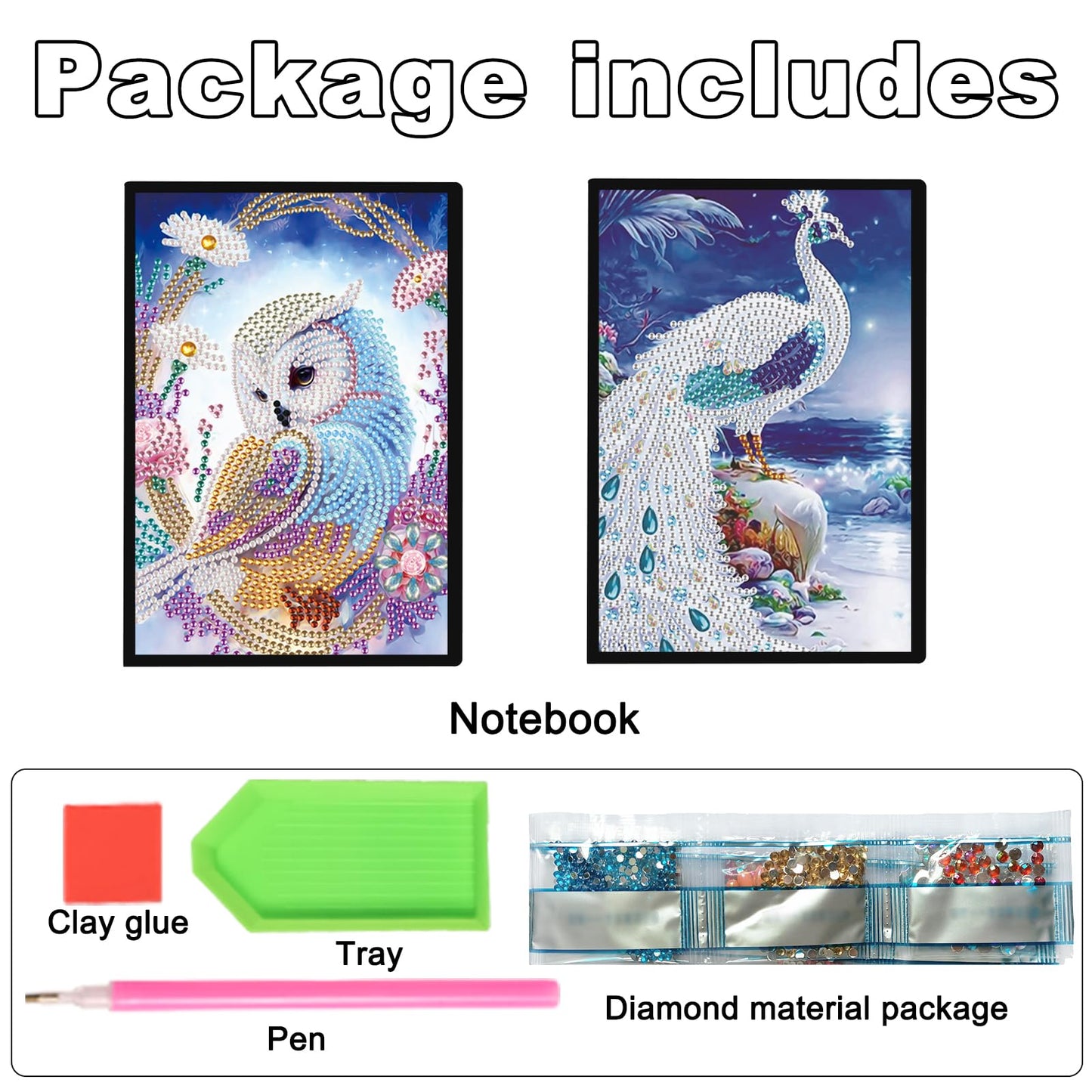 JZHYOAN Diamond Diary Notebook Kits, DIY Diamond Journals Sketchbook for Adults, Owl-peacock Cross-Stitch Art Special Pattern Mosaic Art Memo Notepads for Office, Work, Travel