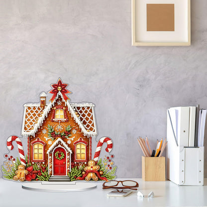 VODAPYC Christmas Diamond Art Tabletop Painting Kit, DIY Stand Up Double Sided Special Shaped Diamond Painting Desktop Ornament for Home Decor(Gingerbread House-2)