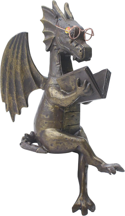 Dragon Reading Book Statue Figurine Sculpture, Wearing Glass Dinosaur Mini Cute Small Creative Ornament for Garden
