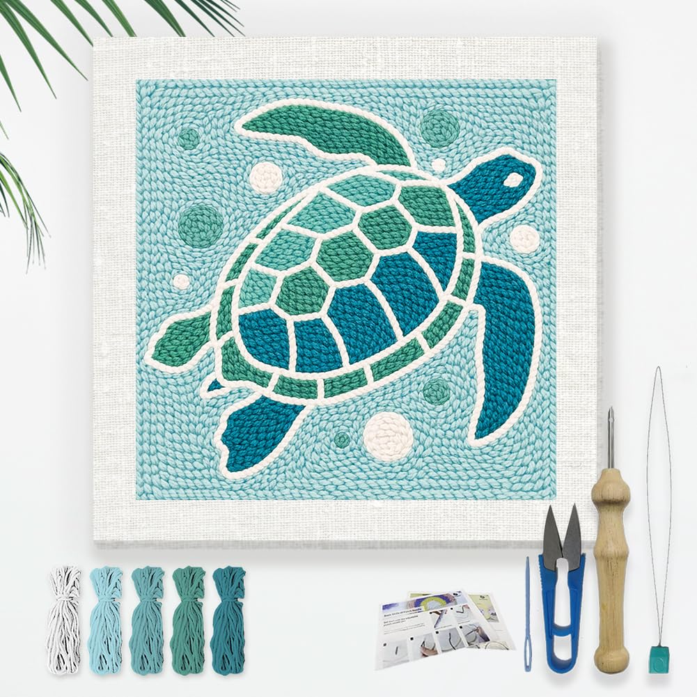 DOODLREAM Green Sea Turtle Punch Needle Kit for Beginner, 9.4"x9.4" Marine Animal Punch Stitching Craft Set, DIY Embroidery Starter with Printed Frame, Instruction, Threader, Yarn, Pinch Needle