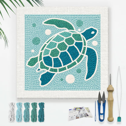 DOODLREAM Green Sea Turtle Punch Needle Kit for Beginner, 9.4"x9.4" Marine Animal Punch Stitching Craft Set, DIY Embroidery Starter with Printed Frame, Instruction, Threader, Yarn, Pinch Needle