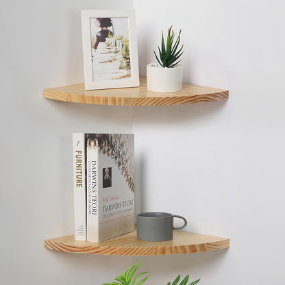 Set 2, (12 Inch, Waterproof Natural Wood Corner Wall Shelves of Rustic Wood Corner Floating Shelves with Cable Raceway