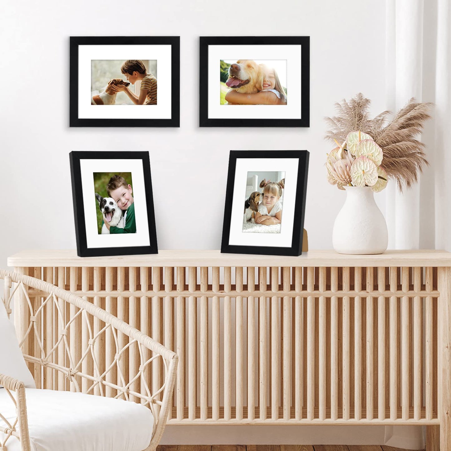 Americanflat 8x10 Picture Frame with Shatter-Resistant Glass - Set of 4 - Use as 5x7 Frame with Mat or Display 8x10 Photo Without Mat - Signature Collection - Photo Frames for Tabletop or Wall - Black