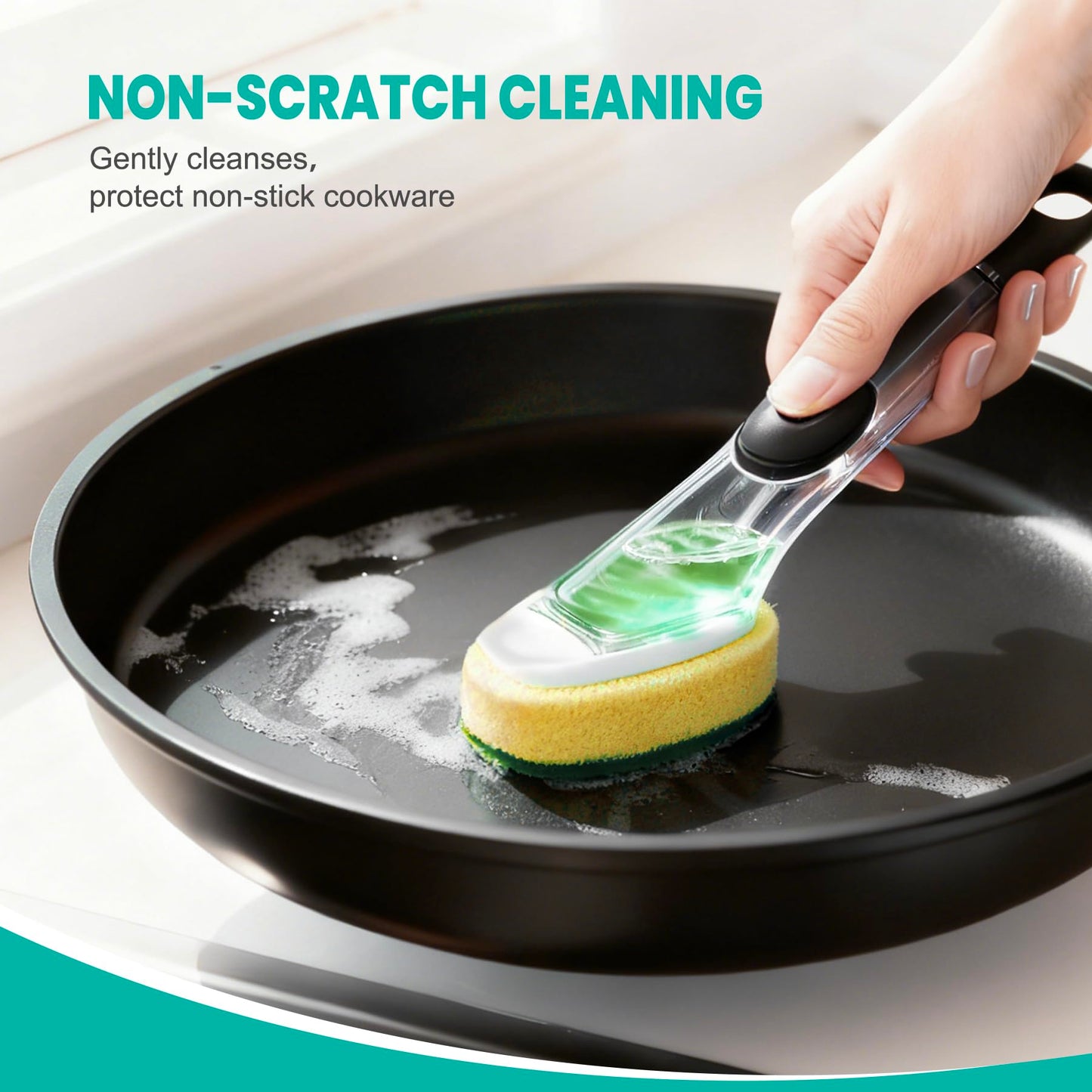 Dishwand with Refills, Dish Wand with Handle Replacement Sponge Heads, Non Scratch Soap Control Leak-Proof Dispenser Scrub,Heavy Duty Advanced Scrubber Brush Pads for Cleaning Dishes Sink Washing Tool