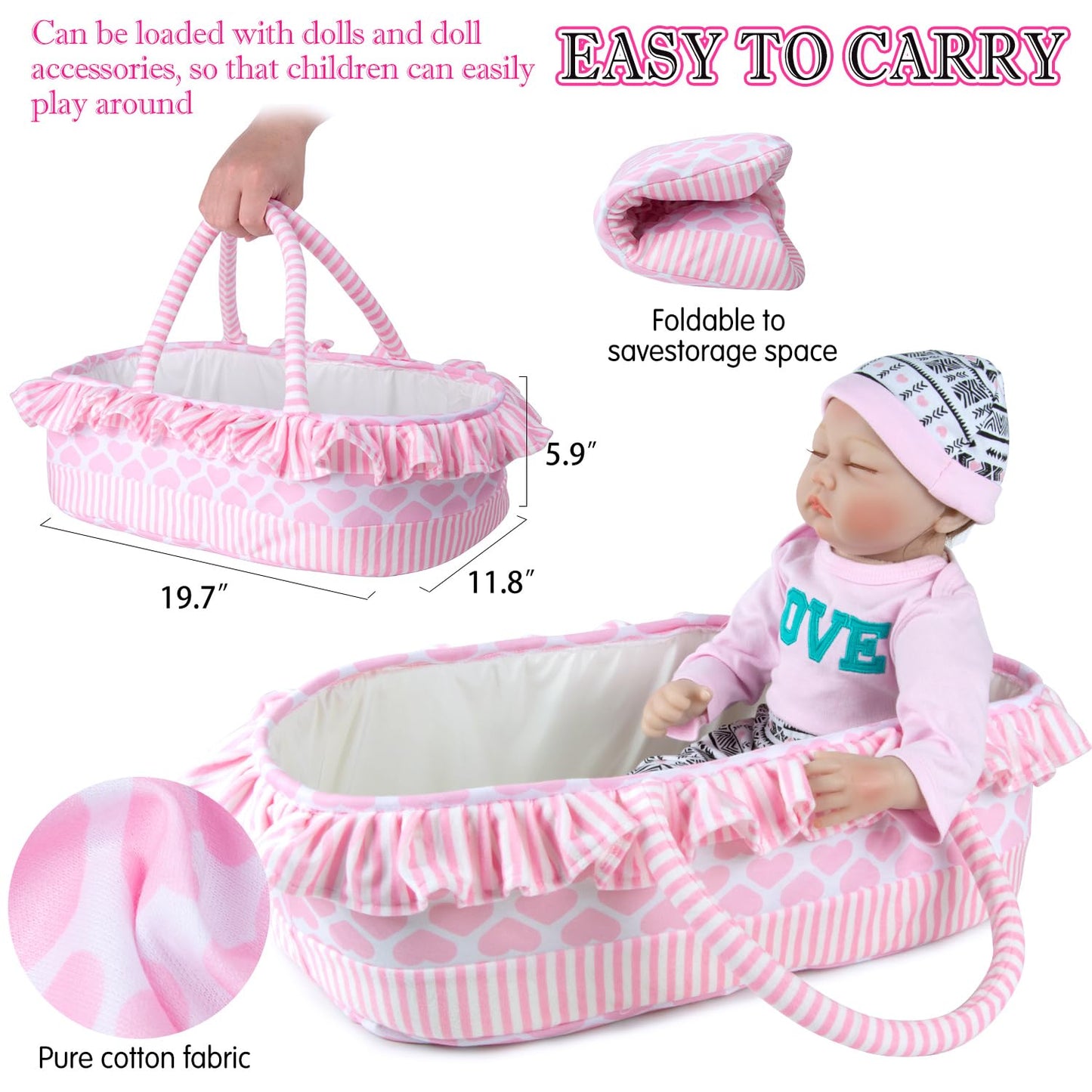 PEDOLLTREE 12 Pcs Reborn Baby Dolls Clothes Girl Outfit Accessories for 17-22 Inch Reborn Doll Newborn Girl with Pink Love Heart Bassinet
