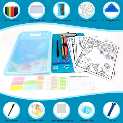 6uGooes Art Portfolio Bag for Kids, Art Folder with Handle, for A4 and 8.5" x 11" Artwork Drawing, with Clear Clipboard and Pencils,Creation Sets for Kids, Beginner, Travel Painting, Blue Theme