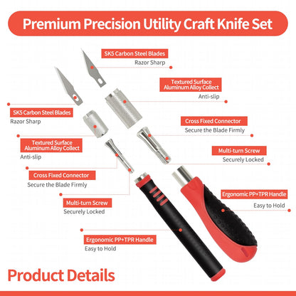 Precision Utility Craft and Exacto Knife Set - Premium Hobby Knife Cutting Tool with Sharp Blades for Architectural Models, Carving Pumpkins/Stencils, Paper/Leather/Vinyl Crafts (Red)