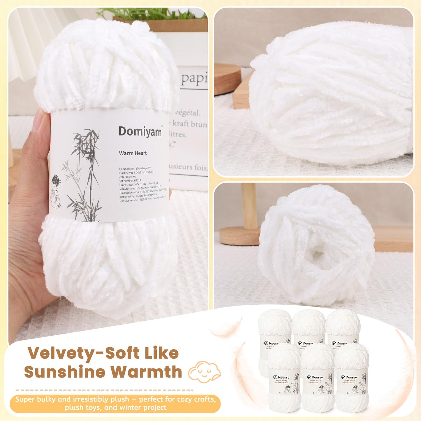 Reessy Velvet Chenille Yarn Pack – 6 Skeins × 100g Super Bulky (CYC #6) – Soft Velvet Chunky for Crocheting & Knitting, Fluffy Chenille Yarn for Blankets, Scarves & Crafts (White)