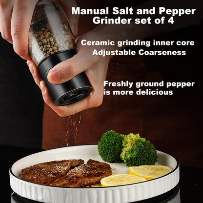 Premium Salt and Pepper Grinder Set of 4, Refillable Manual Salt and Pepper Mill, Adjustable Ceramic, Glass Shaker