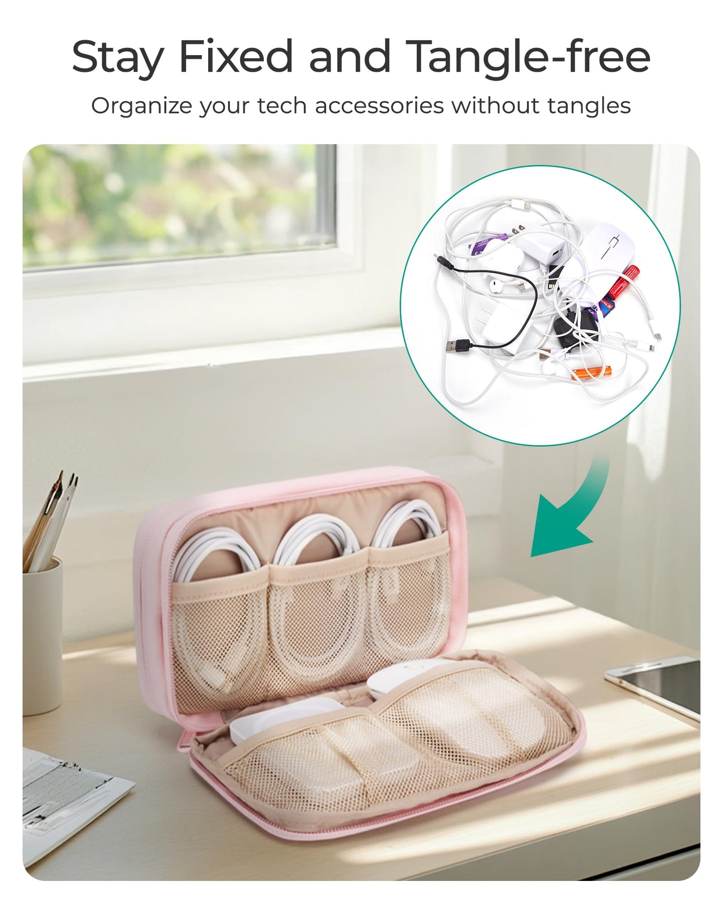 BAGSMART Electronics Organizer Travel Case, Cord Storage for Chargers Cables Phones, Compact Tech Accessories Pouch, Pink