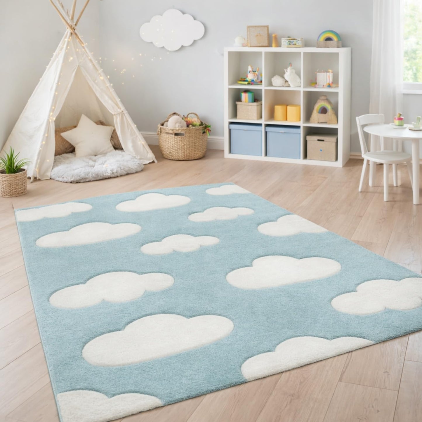 2'8" 4'11" Paco Home Modern Kids Rug with Clouds in Blue Pastel for Nursery, Size: x