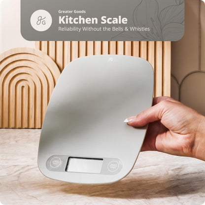 Greater Goods Slim Digital Kitchen Scale – Accurate BPA-Free Food Scale for Cooking, Baking, and Meal Prep, 11lb/5kg with 1 CR2032 Battery Included