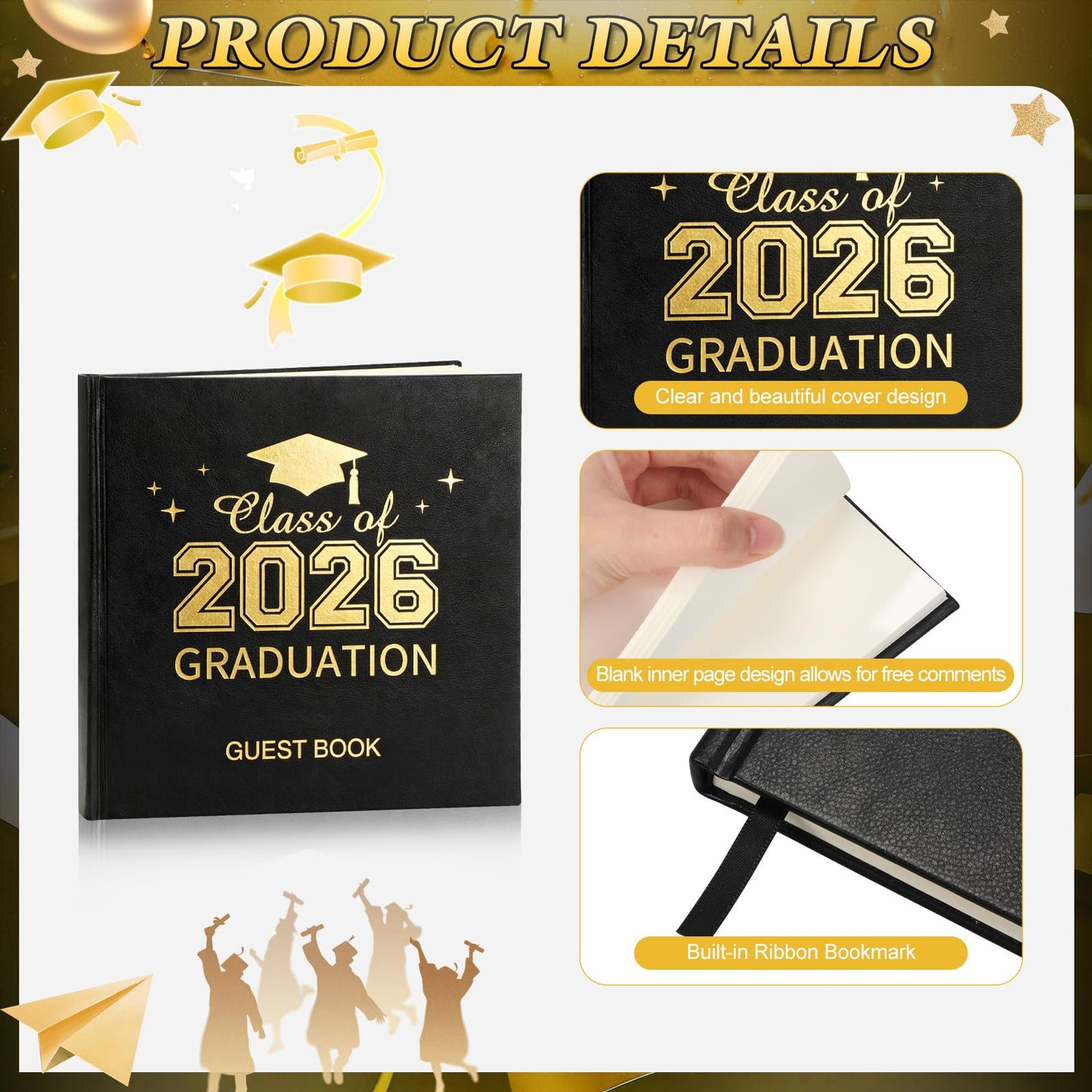 Pajean 2026 Graduation Guest Book Set with Photo Guest Book Sign Holder Dual Tip Pens Photo Corner Stickers Grad Cap Stickers for Congrats Grad Party Supplies Favors Gifts(Black Gold)