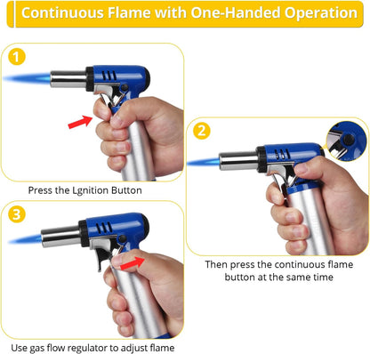 TBTEEK Butane Torch T907 with Fuel Gauge, One-Hand Operation Kitchen Lighter for BBQ, Baking, Crafts (Blue)