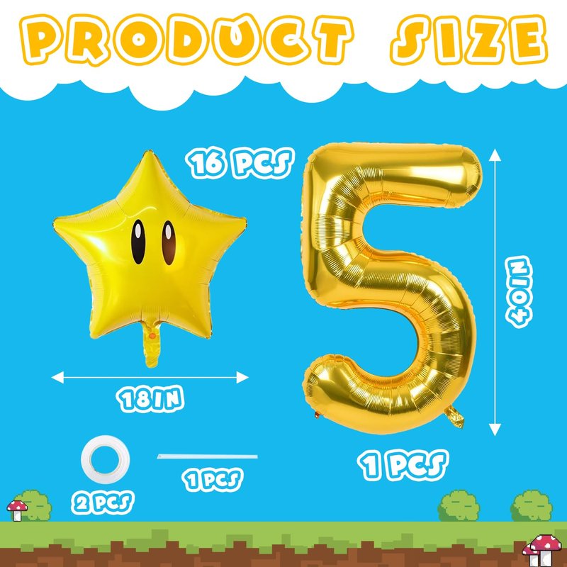 16PCS Foil Star Balloons, 40Inch Number 5 and Star Foil Balloons For Game Theme 5th Birthday Party Decorations Children Party Supply Party Decor （5th）