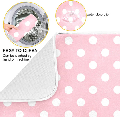 Pink White Polka Dot Dish Drying Mat for Kitchen Counter, 18 x 24 Inch Absorbent Microfiber Drainer Mat