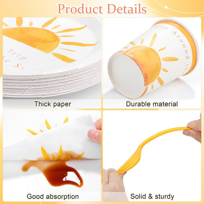 Kochorie 144 Pieces Boho Sun Birthday Party Decorations Tableware Sets Including Disposable Bohemia Sunshine Plates Napkins Cups Forks Serves 24 for Sun Baby Shower Party Supplies