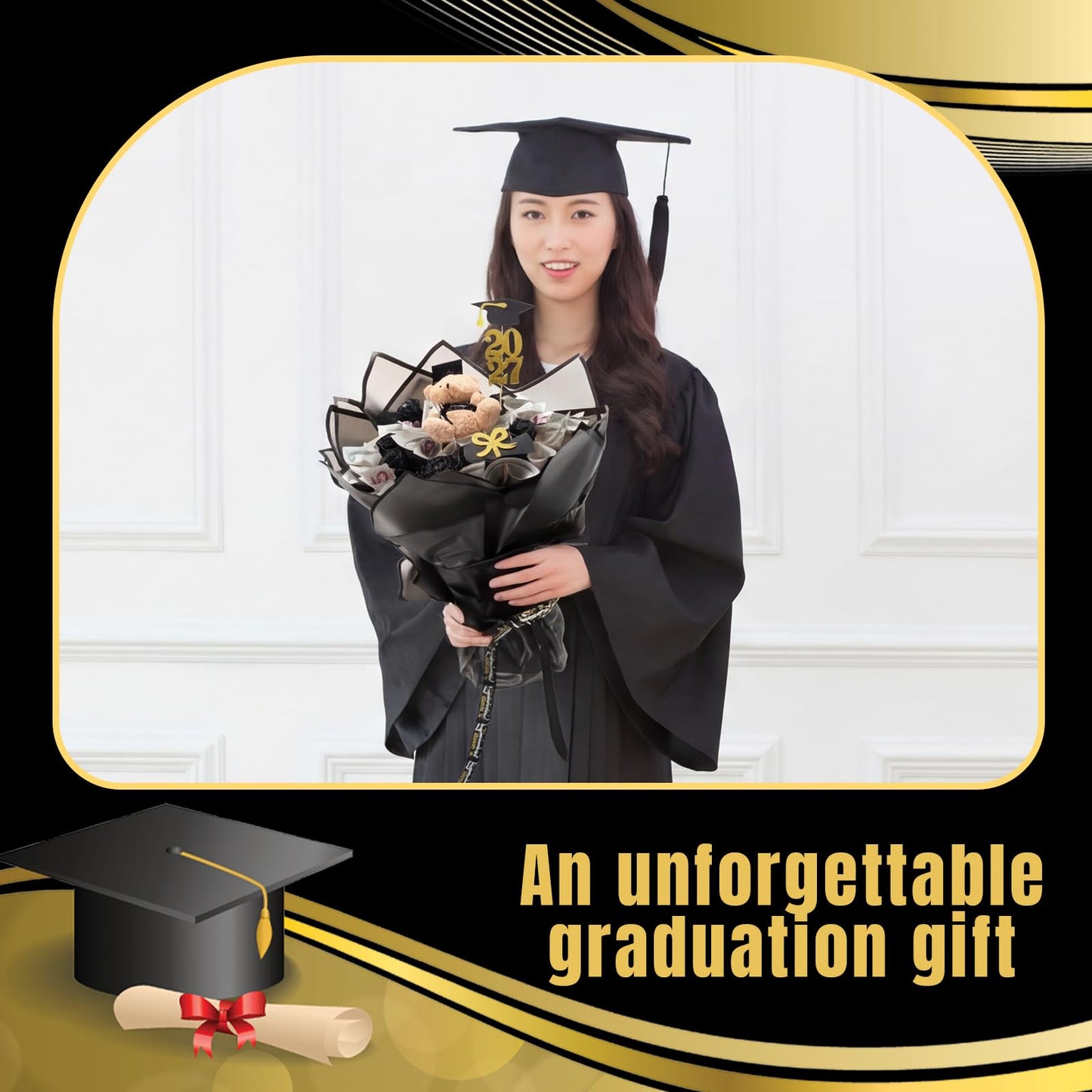 Chunful 143 Pcs Graduation Money Bouquet Kit DIY Flower Bouquet Gifts with Cute Bear Wrapping Paper Graduation Cap Class of 2026 Grad DIY Craft Set for College Middle High School Graduate Party Gift