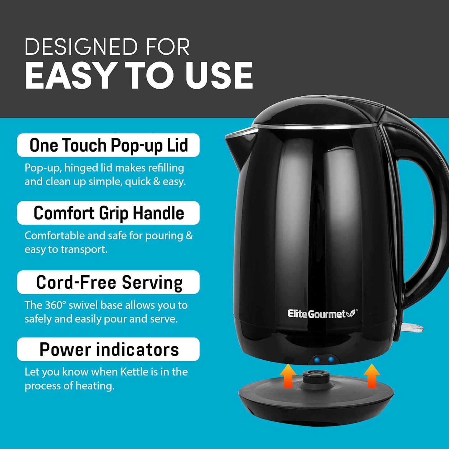 Elite Gourmet EKT1821 1.8L Double Wall Insulated Kettle, 1500W with Stainless Steel Interior, Auto Shut-Off, Black