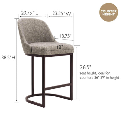 Leick Home 214965 Barrelback Counter Stool with Metal Base, Set of 4, for Elevated Kitchen Counters, High Top Tables, and Bars, Modern Gray Linen Seat and Brown Metal Base