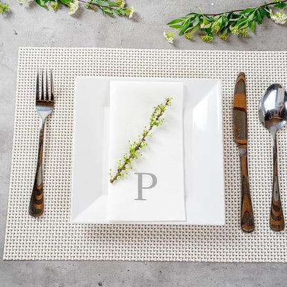 15.8 7.9 Inch 50 Luxenap X Linen-Feel Guest Towels, Lettered Hand Towels - Silver Letter 'P', Sans Serif Font, White