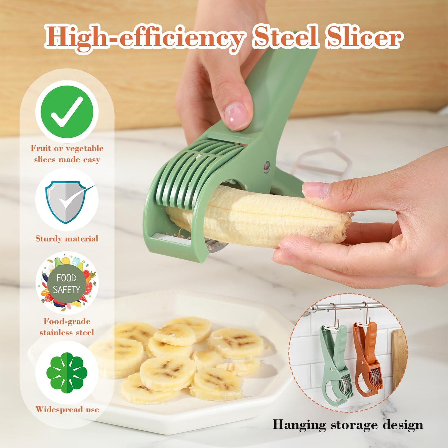Lanties 2 Pcs Food Manual Slicer Fruit and Vegetable Cutter Stainless Steel Banana Slicer with ABS Handle for Quickly Making Fruit Vegetable Salad