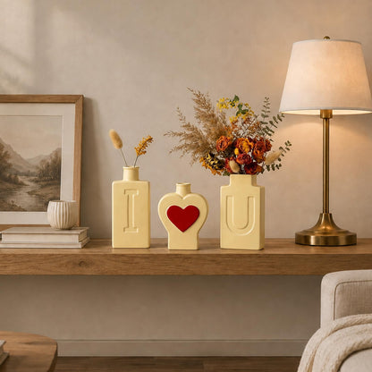 Ceramic Vase Set of 3, I Love U Matte Ceramic Vases for Home Decor, Romantic Decorative Flower Vases for Shelf, Bedroom, Coffee Table, Wedding Yellow Heart