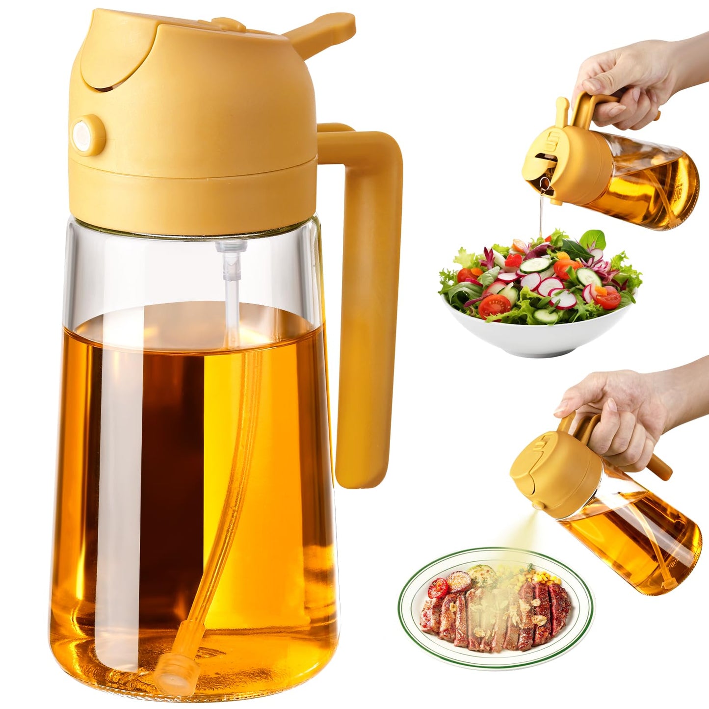 Olive Oil Sprayer for Cooking, 470ml 2 In 1 Glass Oil Dispenser/Pour Bottle, Kitchen Accessories, Kitchen Gadgets for Air Fryer, Salad, BBQ (Black)