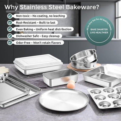 E-far 12-Piece Bakeware Set - Stainless Steel Baking Pans with Lids | Non-Toxic & Dishwasher Safe