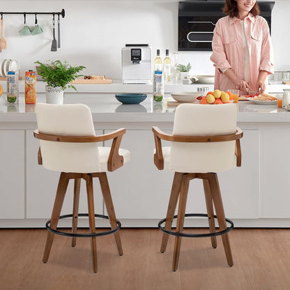 MEKLIBA 26” Counter Height Bar Stools,Leather Upholstered Bar Chair, Swivel Bar Stools with Back and Arms，Modern Beige Barstool Set of 2 for Kitchen Island