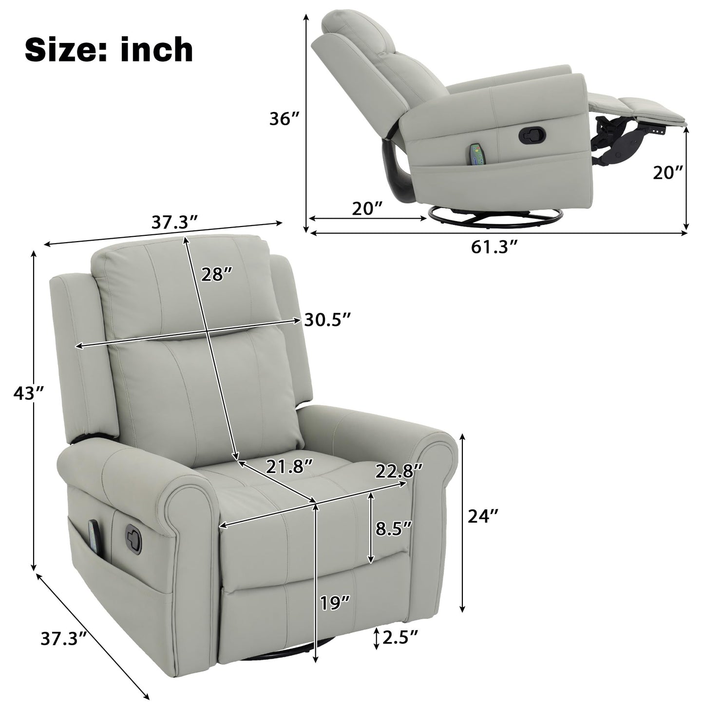 Christopher Knight Home Hayezi 270° Swivel Rocker Recliner, Massage and Heating Chair, PU Leather Living Room Manual Recliner with Dual Reclining Positions & Side Pocket, for Nursery Bedroom, Gray
