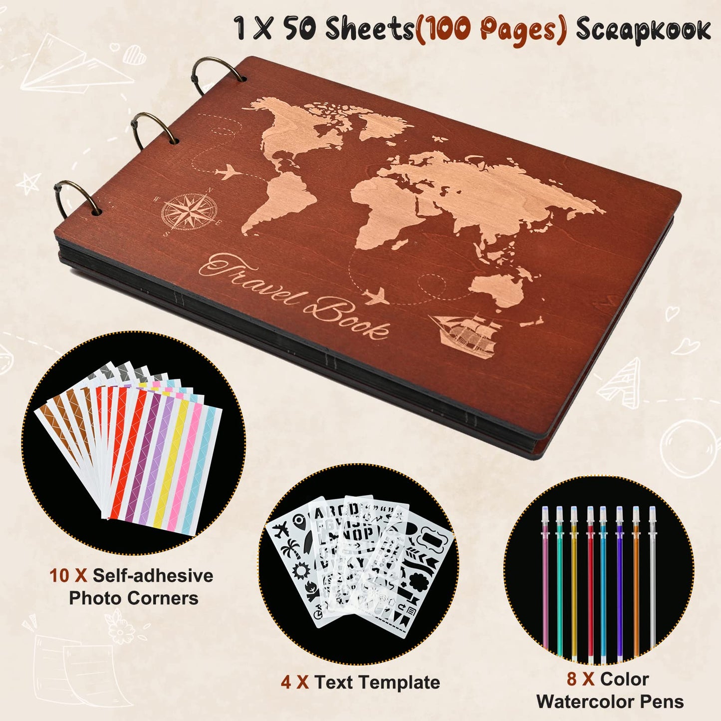 Giiffu Wooden Scrapbook Album for Travel Memories, DIY Photo Scrapbooking Book with Accessories, 100 Pages Personalized Adventure Memory Journal, Gift for Graduation, Birthday & Couples