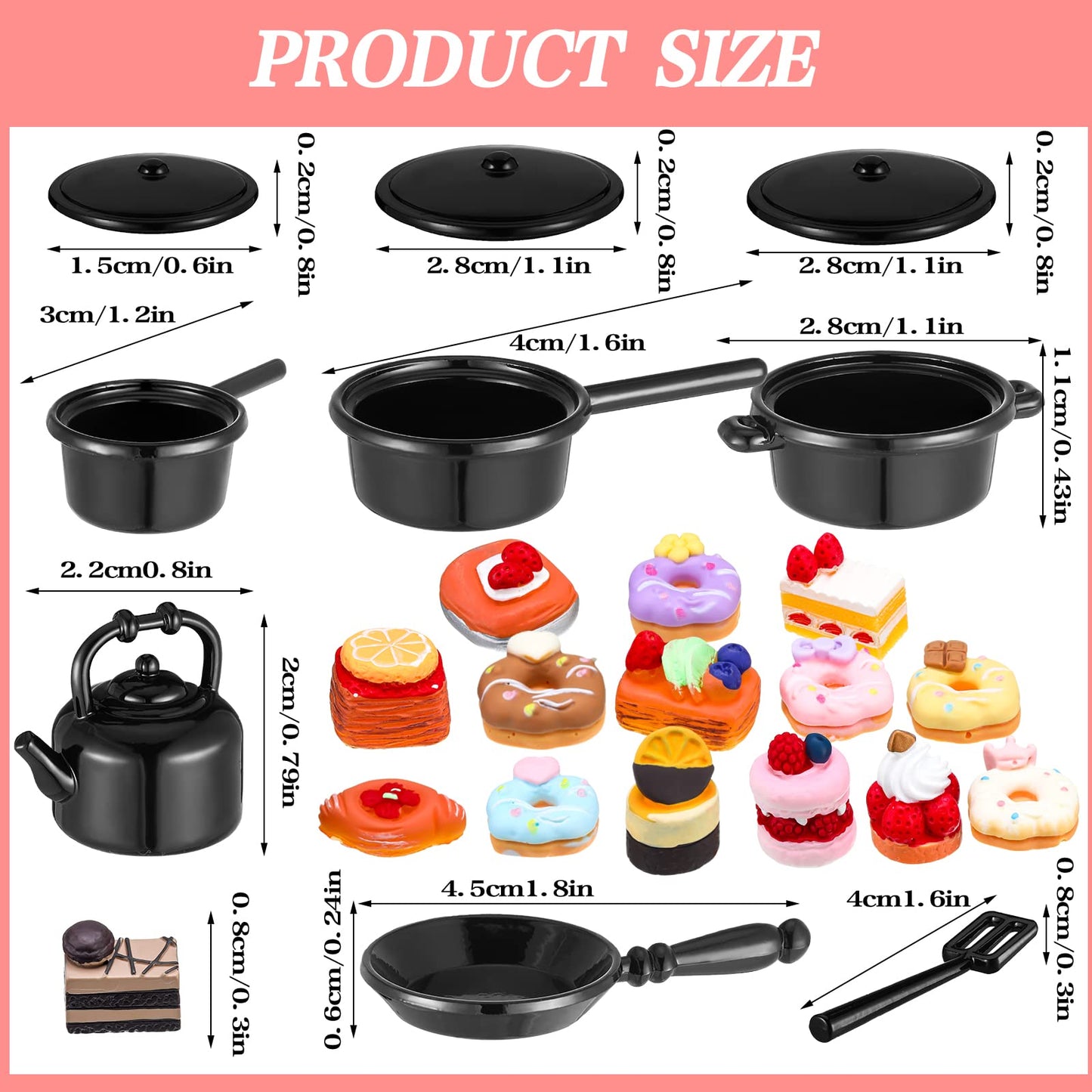 62 Pcs 1:12 Scale Miniature Dollhouse Kitchen Accessories Miniature Tea Cup Pots Resin Cake Set Include 16 Mini Plates Knife Fork Spoon 6 Egg Beater Utensil 10 Mini Stovetop Cookware 15 Pretend Food
