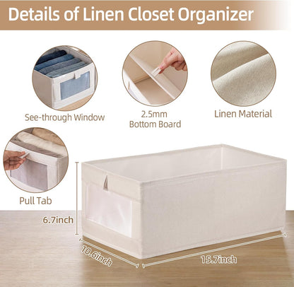 Skiennix Linen Closet Organizers - 10 Pack Foldable Storage Bins with Clear Window for Clothing & Jeans