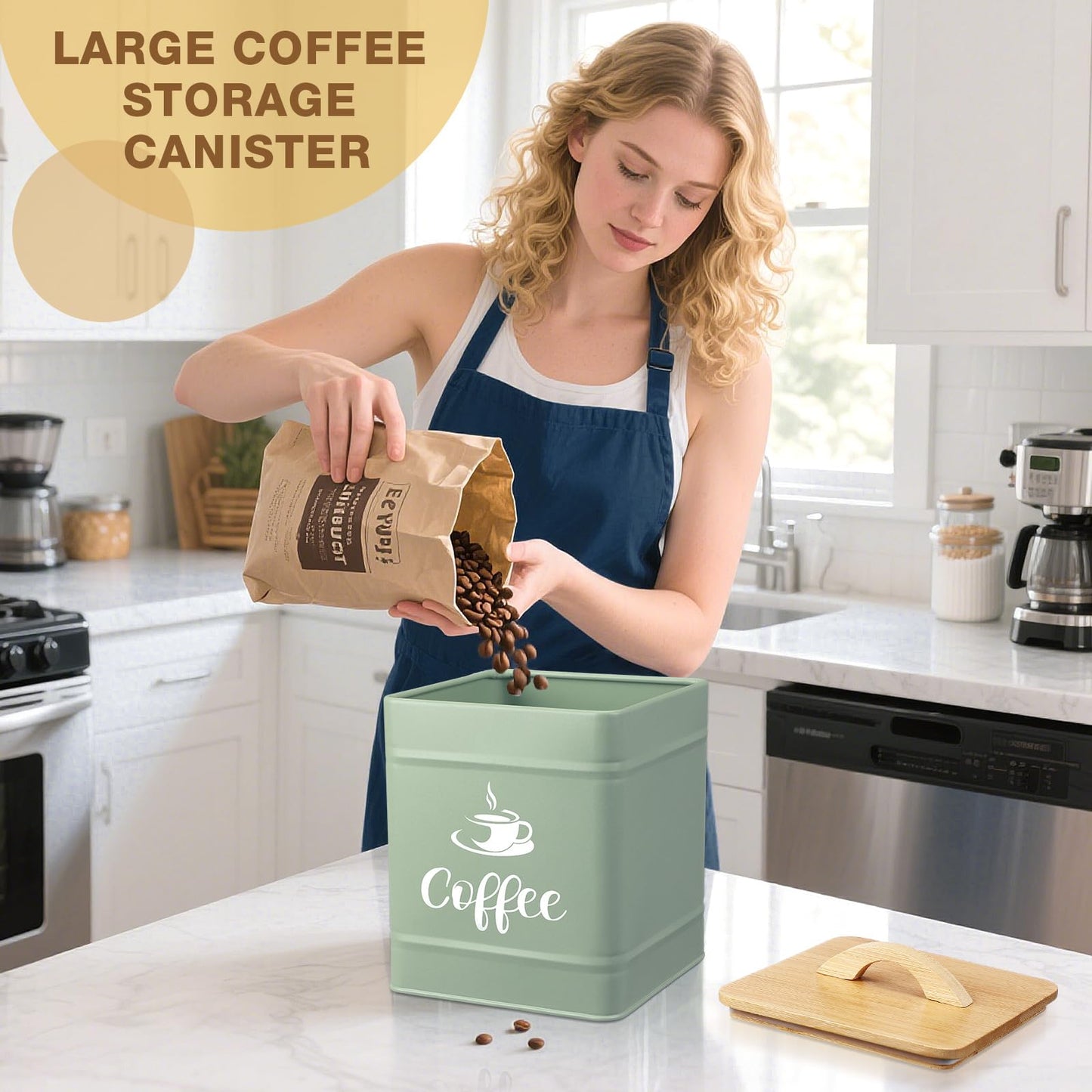 Maxdot 40 oz Turquoise Airtight Coffee Canister Large Iron Farmhouse Container with Wooden Bamboo Lid Tea Storage Kitchen Countertop Container for Coffee Grounds Beans Pods