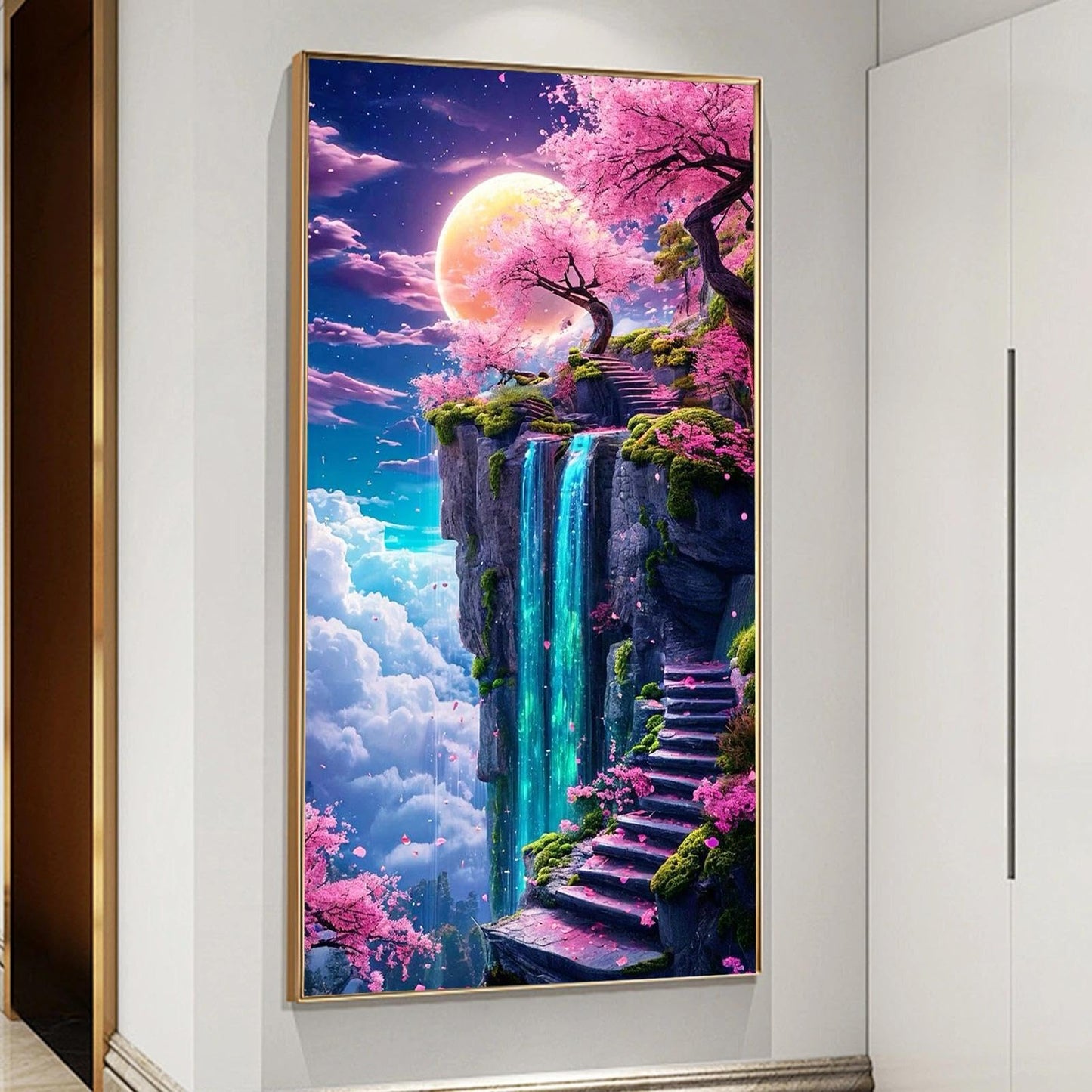 JATOK Large Diamond Painting Kits for Adults, Full Round Drill Moon Waterfall 5D Diamond Art Kits for Beginners, DIY Gem Art Picture for Gift Home Wall Decor, 40x70cm/15.7x27.5inch