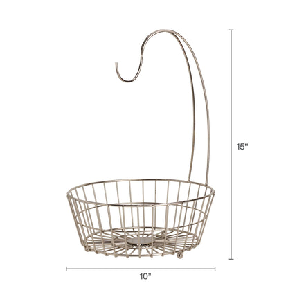 Gourmet Basics by Mikasa Geneva Countertop Fruit Basket with Banana Hanger – Nickel-Finish Metal Storage Stand for Kitchen Countertop Organization