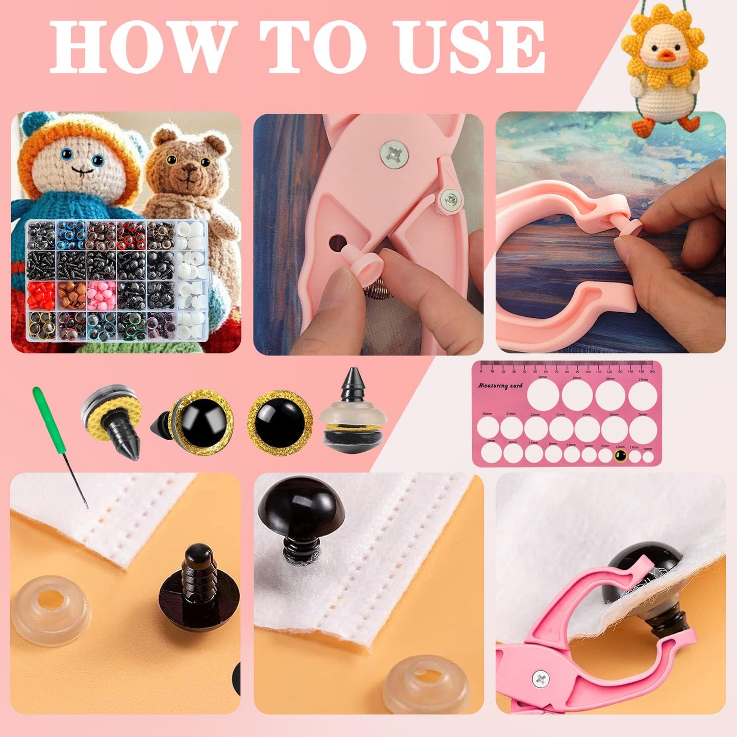 Safety Eye Tool Kit for Amigurumi & Crochet-1150PCS 3D Glitter Safety Eyes,5-30mm Stuffed Animals Safety Eyes Doll Making Supplies,Safety Eye 10-30mm Sizer Tool,Ergonomic Design for Crafting (Pink)